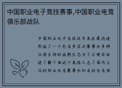 中国职业电子竞技赛事,中国职业电竞俱乐部战队
